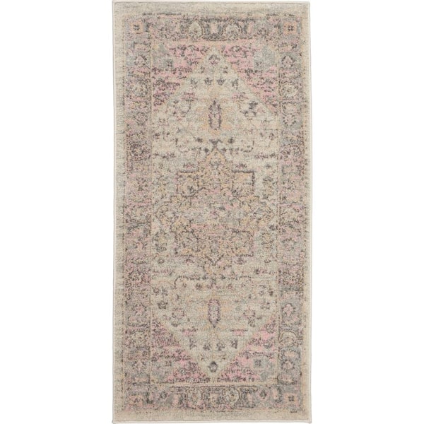 Nourison Tranquil Ivory/Pink doormat 2 ft. x 4 ft. Persian Vintage Kitchen Area Rug