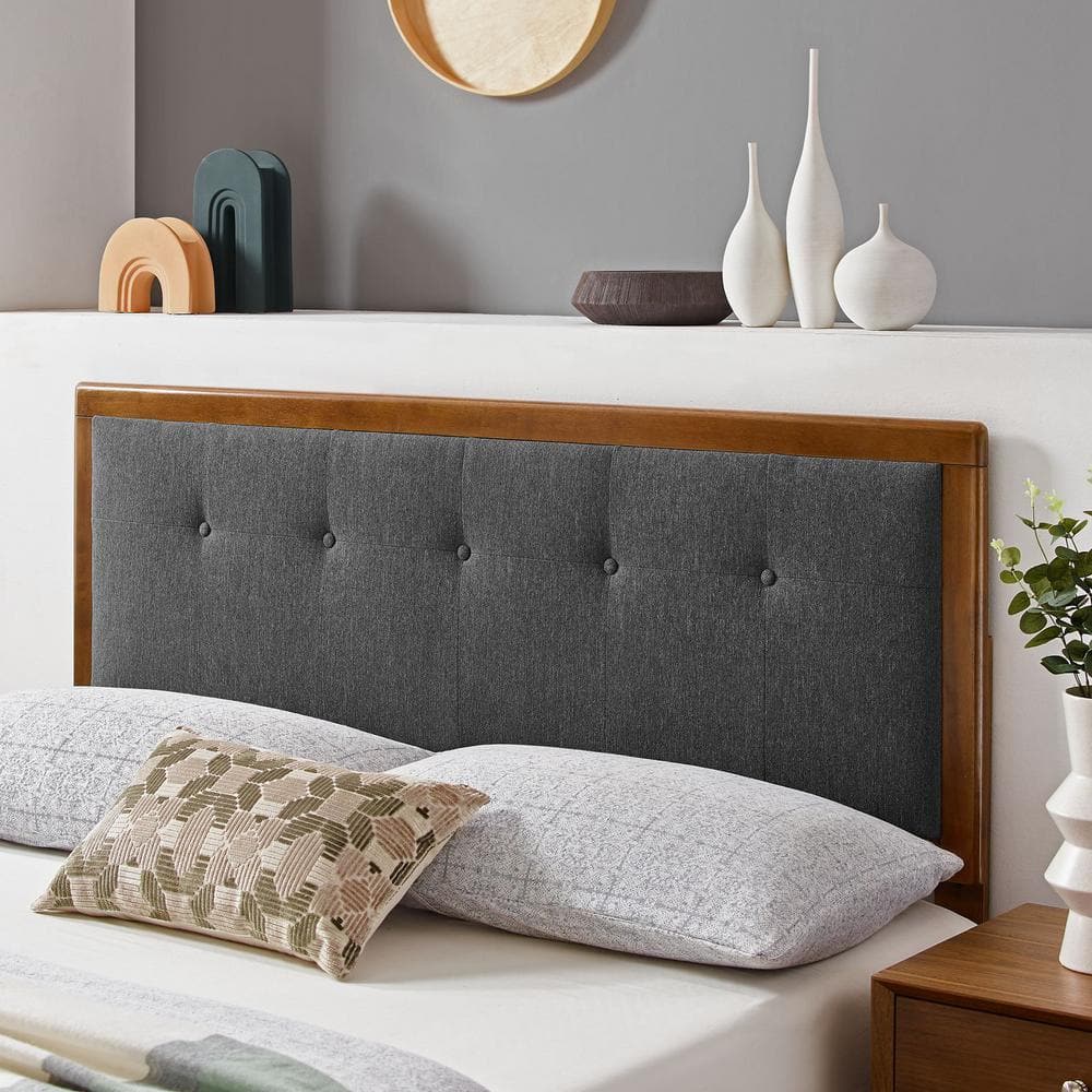Mid-Century Walnut Charcoal Tufted Queen Headboard with Wood Frame