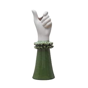 Green and White Stoneware Hand Vase with Ruffled Shirt Sleeve