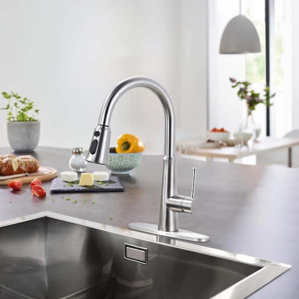 Single Handle Pull-Down Sprayer Kitchen Faucet Stainless Steel with Deckplate Included in Brushed Nickel