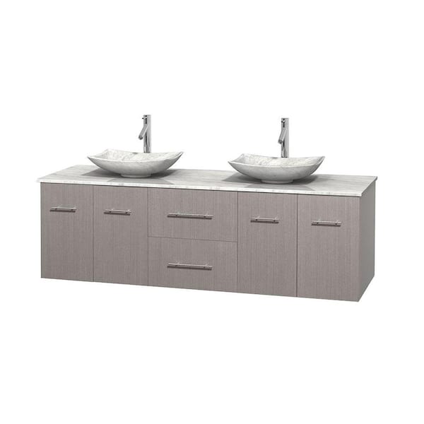 Wyndham Collection Centra 72 in. Double Vanity in Gray Oak with Marble Vanity Top in Carrara White and Sinks