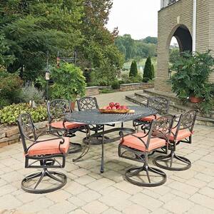 Sanibel Rust Bronze 7-Piece Cast Aluminum Oval Outdoor Dining Set with Coral Orange Cushions