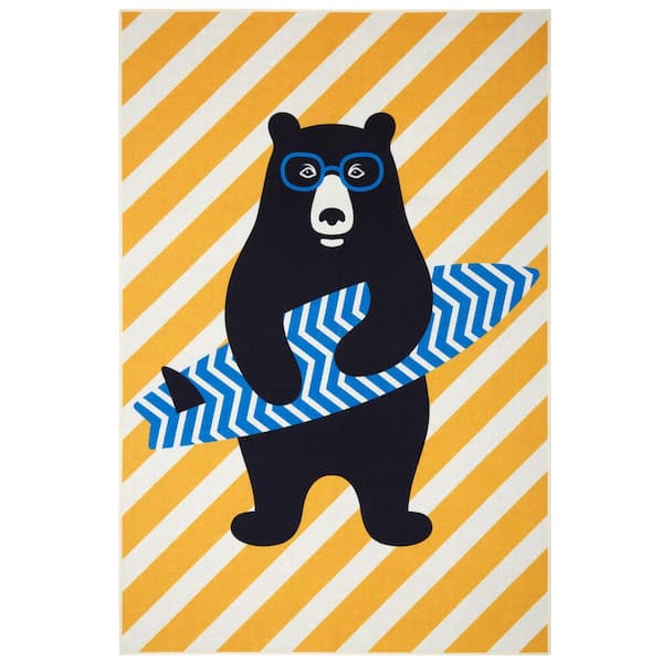 Everwash Imagine Surfer Bear Gold/Blue 3 ft. x 5 ft. Kid's Washable Area Rug