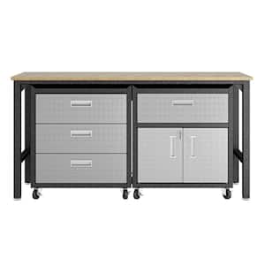 Fortress 37.6 in. H x 72.4 in. W x 20.5 in. D Mobile Space-Saving Steel Garage Cabinet and Worktable in Grey (3-Piece)
