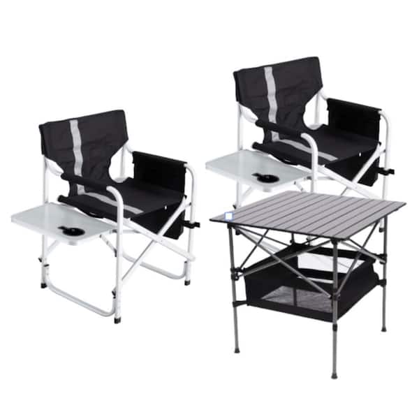 ITOPFOX Black and Gray Aluminum Folding Lawn Chair 2 Armchairs and 1 Table Set Outdoor Camping/Picnics/Beach Party