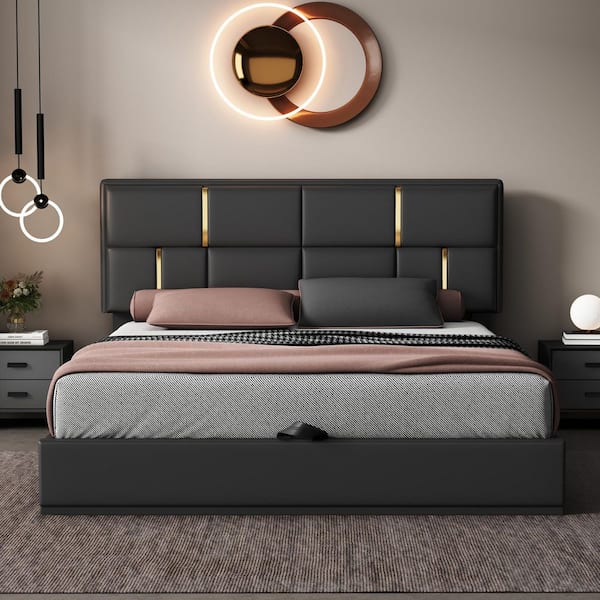 Selene Black Wood Frame Queen Size PU Leather Upholstered Platform Bed with Hydraulic Storage