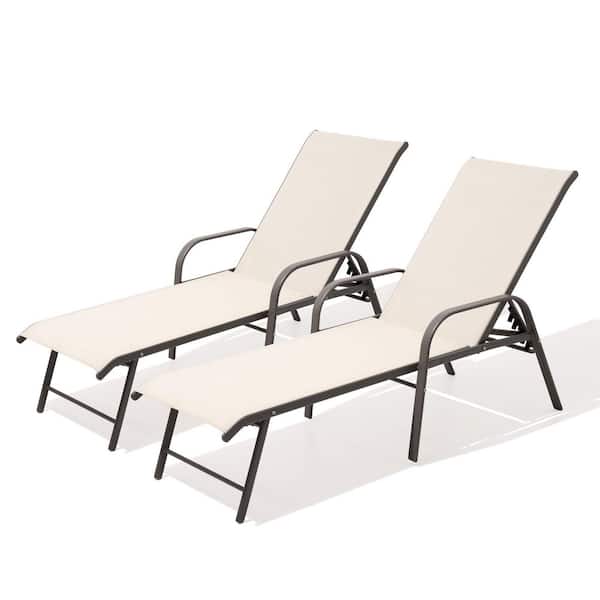 Champagne 2-Piece Aluminum Adjustable Outdoor Patio Chaise Lounge in New Beige with Armrest