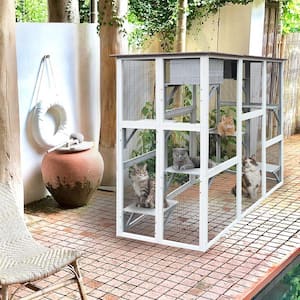 Wooden Outdoor Cat Enclosure Cat House Weatherproof Asphalt Roof Large Solid Wood Cat Cage Playpen 8 Jumping Platforms