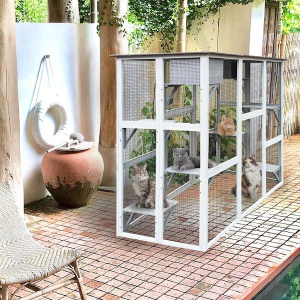 Unbranded Wooden Outdoor Cat Enclosure Cat House Weatherproof Asphalt Roof Large Solid Wood Cat Cage Playpen 8 Jumping Platforms