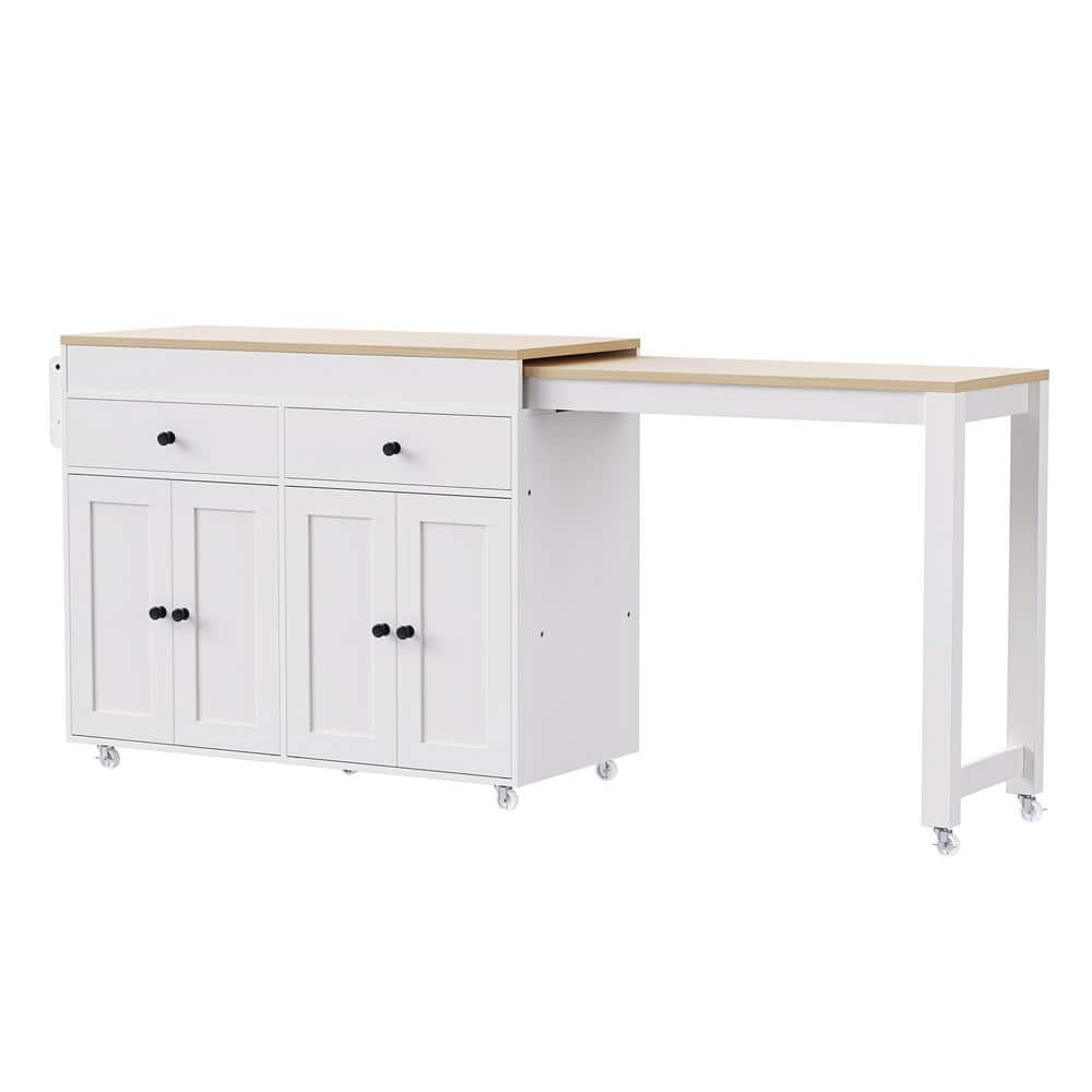 XUJMK White Wood 74.5 in. Kitchen Island with Drawers and Extendable