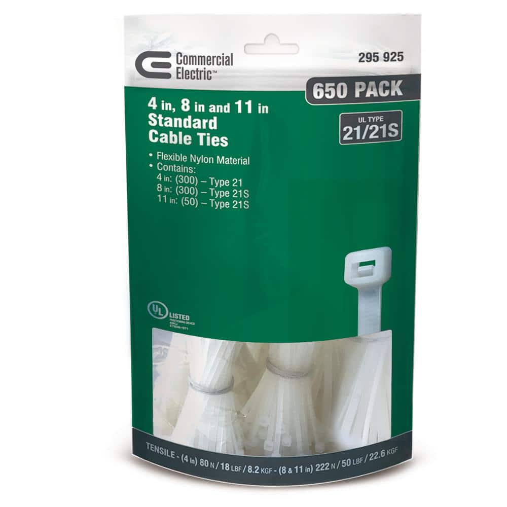 4in, 8in, 11in Assorted Standard UL 21S Rated Cable Zip Ties 650 COMBO Pack