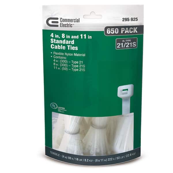 Commercial Electric 4in, 8in, 11in Assorted Standard UL 21S Rated Cable Zip Ties 650 COMBO Pack Natural (White)
