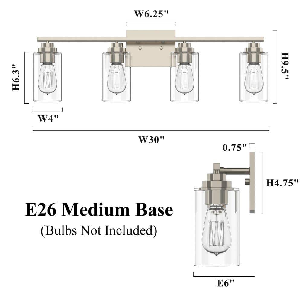 30" Brushed Nickel 4-Light Vanity Fixture with Clear Glass Shades