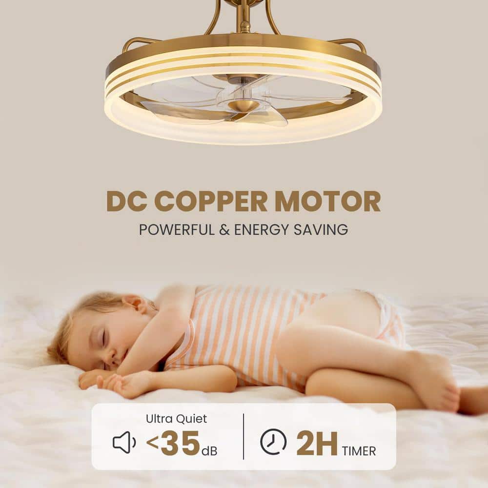 Gold Low Profile Flush Mount Ceiling Fan with LED Light and Remote