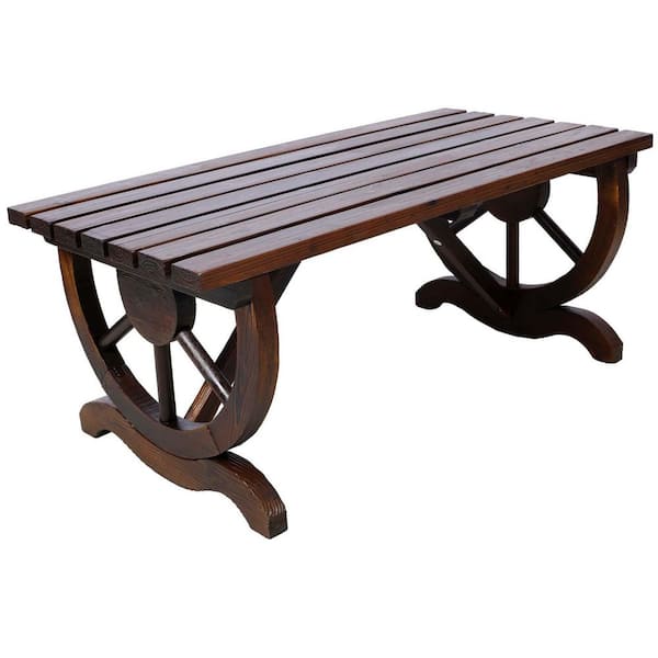Unbranded Brown Wood Bench with Wagon Wheel Legs, 2 People Garden Bench Outdoor Bench for Patio, Lawn, Yard, Park