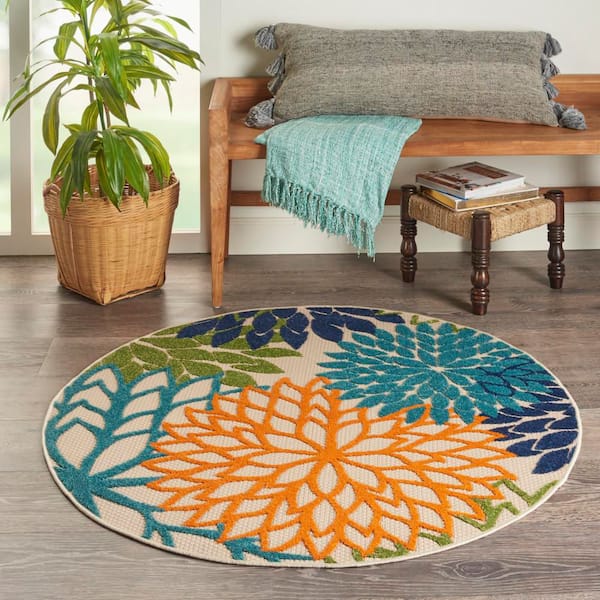 Aloha Multicolor 4 ft. x 4 ft. Round Floral Contemporary Indoor/Outdoor Patio Area Rug
