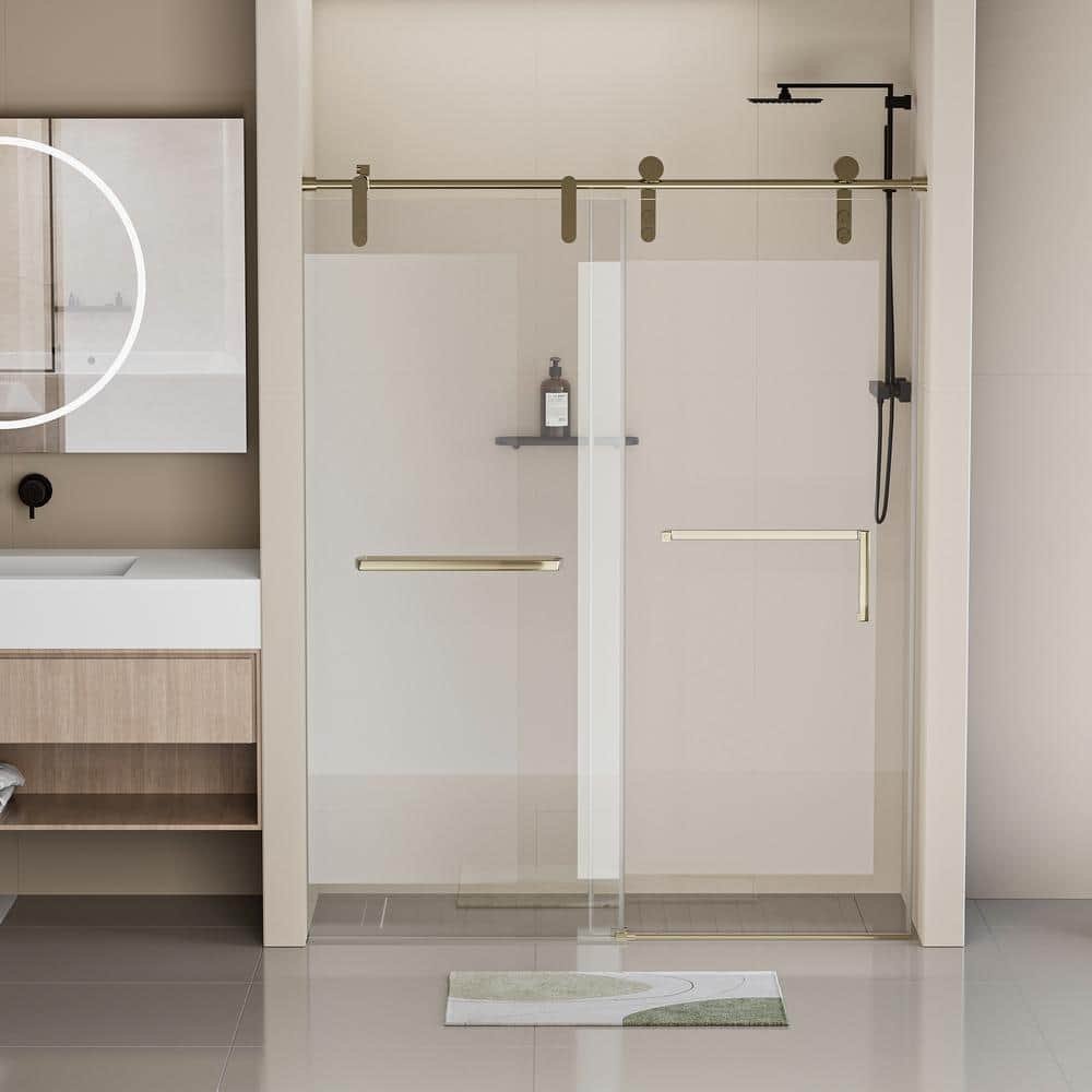 60" Gold Frameless Single Sliding Shower Door with Clear Tempered Glass