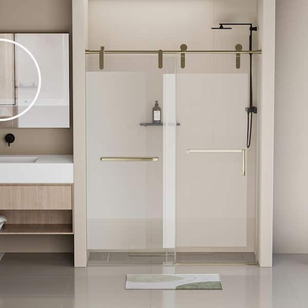 56 in. to 60 in. W x 76 in. H Single Sliding Frameless Shower Door in Gold Finish with 5/16" (8 mm) Tempered Clear Glass
