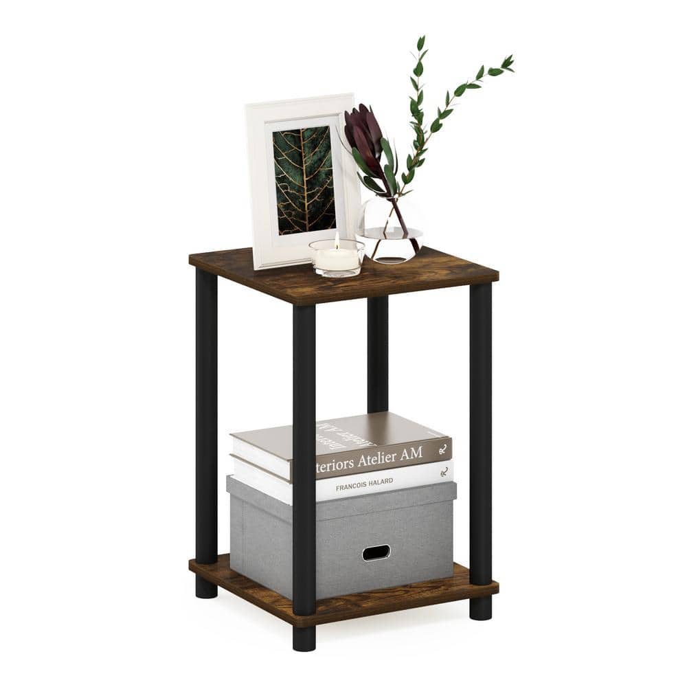Compact Amber Pine & Black Square End Table with Shelf