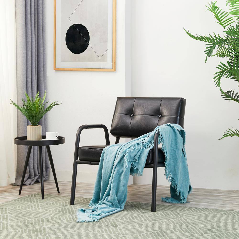 Black Leatherette Mid-Century Modern Metal Accent Chair