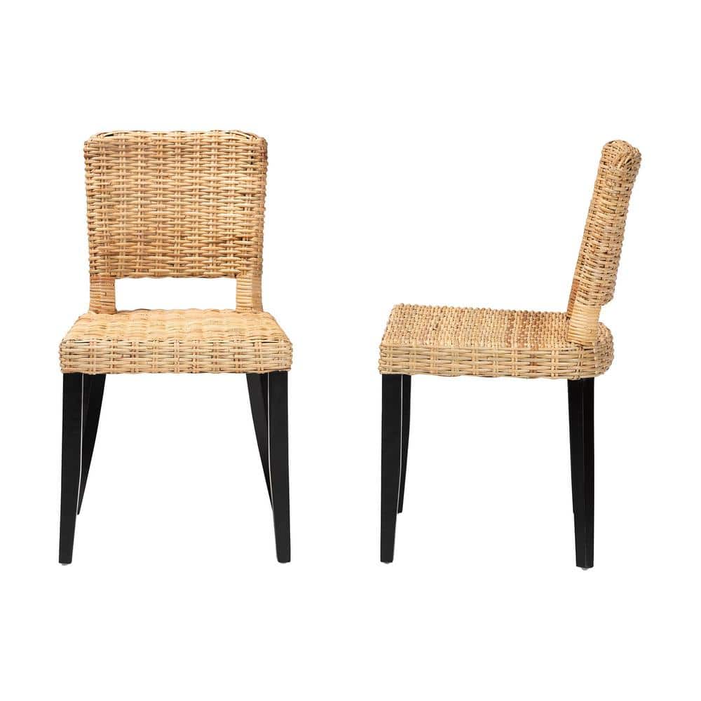 Dermot Dark Brown Wood and Natural Rattan Dining Chair Set