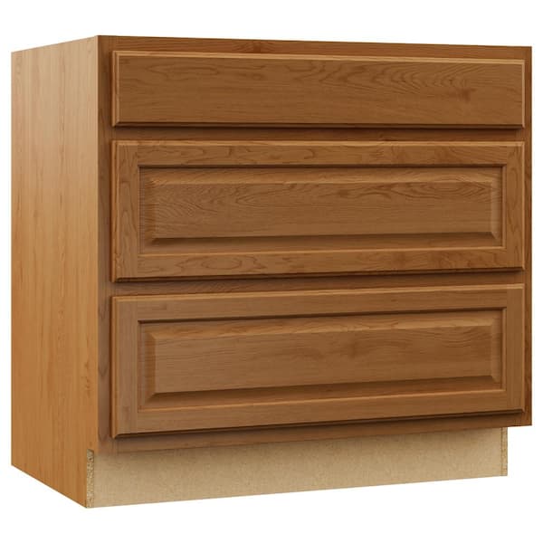 Hampton Bay Hampton 36 in. W x 24 in. D x 34.5 in. H Assembled Drawer Base Kitchen Cabinet in Medium Oak with Full Extension Glides