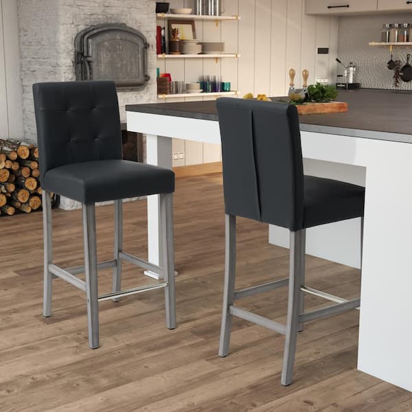 Leila 31 in Graphite Black Full Back Wood Frame Cushioned Bar Height Stool with Leatherette Seat