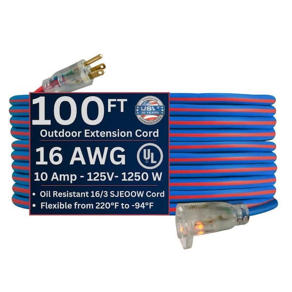 US Wire and Cable Extreme 100 ft. 16/3 All Weather Extension Cord with Lighted Plug