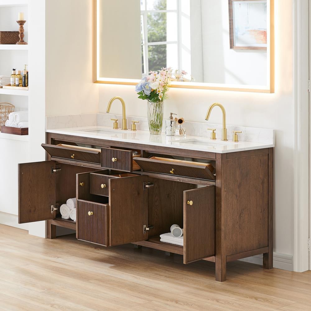 Cerrito 72" Brown Oak Double Sink Vanity with White Stone Top