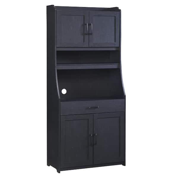 URTR Black One-Body Style Pantry Cabinet With Drawers, Kitchen Living Room Dining Room Buffet Ample Storage Space Open Shelf