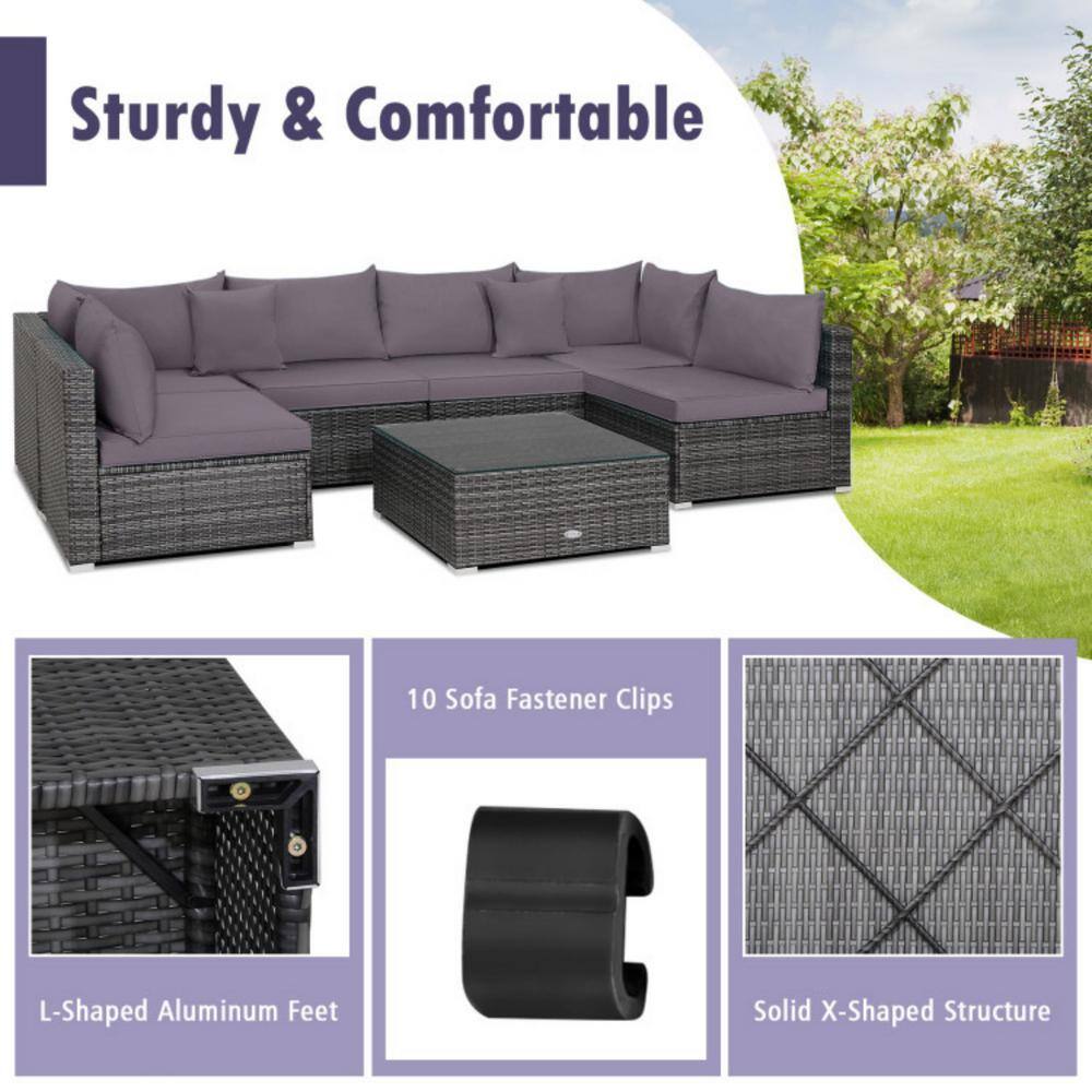 Gray 7-Piece PE Rattan Sectional Sofa Set with Cushions