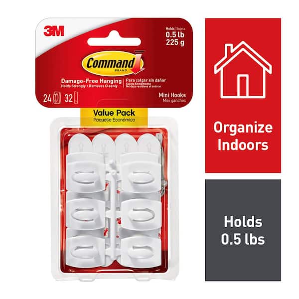 Mini Hooks Value Pack, White, 24 Hooks, 32 Strips