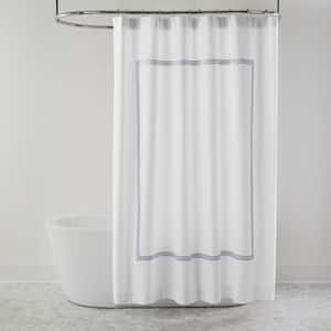 72 in. White and Steel Blue Hotel Embroidered Border Cotton Shower Curtain