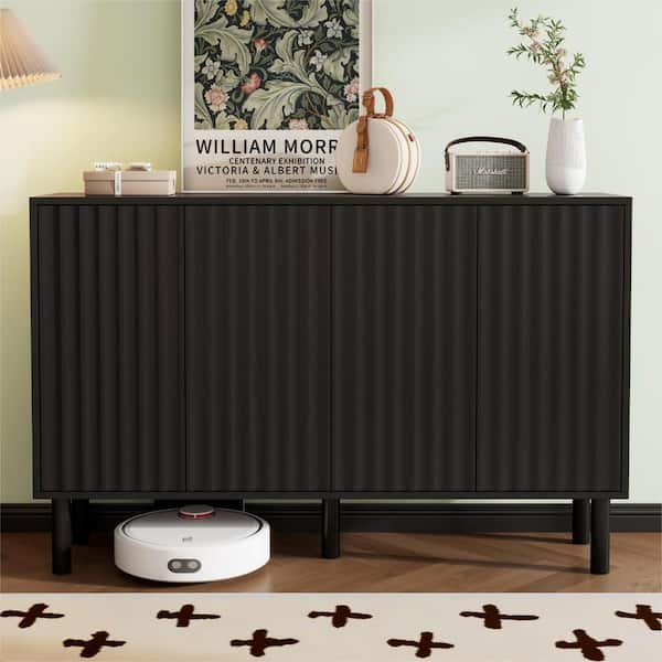 Harper & Bright Designs Black Wood 55.1 in. Sideboard with Adjustable Shelves, 4-Fluted Doors and 5-Solid Pine Wood Legs