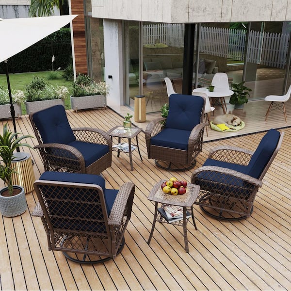 UPHA 6-Piece 360° Wicker Outdoor Rocking Chair Set with Brown Wicker with Navy Blue Cushions and Square Side Tables