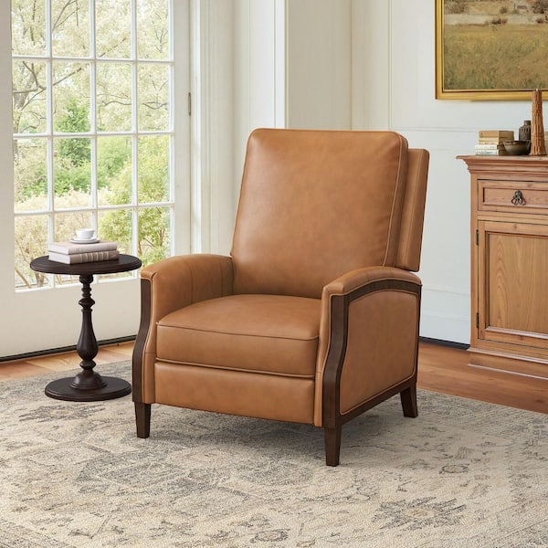 Aola Brown Genuine Leather Recliner Chair Arm Chair with Solid Wood Frame Handrail and Adjustable Footrest
