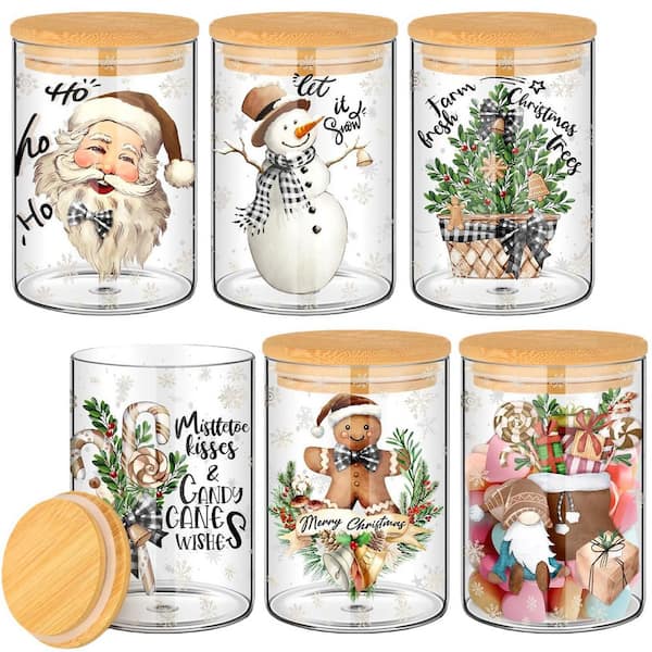 6 Pcs 19 oz. Clear Glass Christmas Storage Jar with Airtight Bamboo Lid Classic Snowman Canister Santa Bell for Kitchen