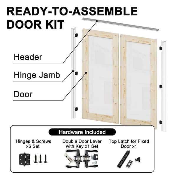 60 in. x 80 in. 1 Lite Frosted Glass and Pine Solid Wood Unfinished Double French Door with Assemble Jamb Kit