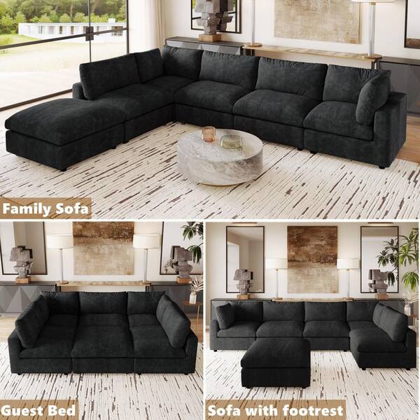 101 in. Modular Black Plush Chenille Full Size 5-Seat Convertible Sleeper Sofa Bed with Ottoman and Washable Covers