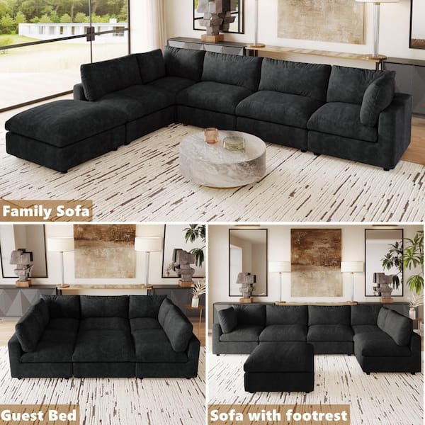 Modular Cloud Couch, 134 in. Square Arm Chenille L-shaped Sofa with Ottoman, Washable Covers for Home Theater in Black
