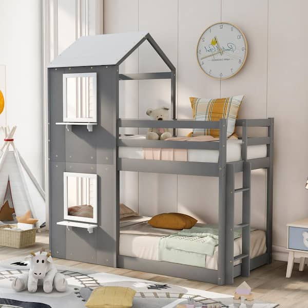 Qualler White/Gray Twin Over Twin Bunk Bed Wood Bed With Roof And ...