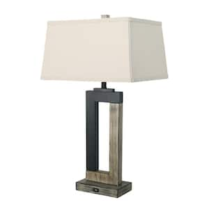 25.9 in. Black and Oatmeal Bedside Table Lamp Set With USB Port and Shades (Set of 2)