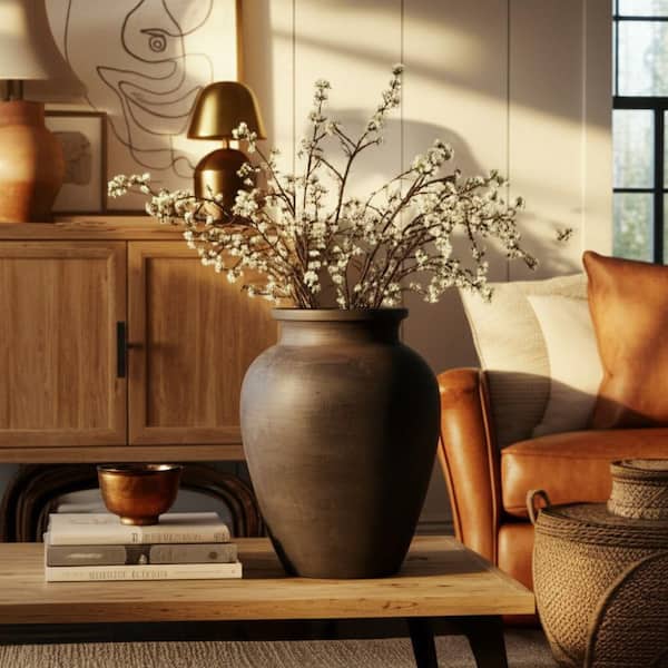 10 in. Black Pottery Terra Cotta Round Traditional Jug Decorative Vase