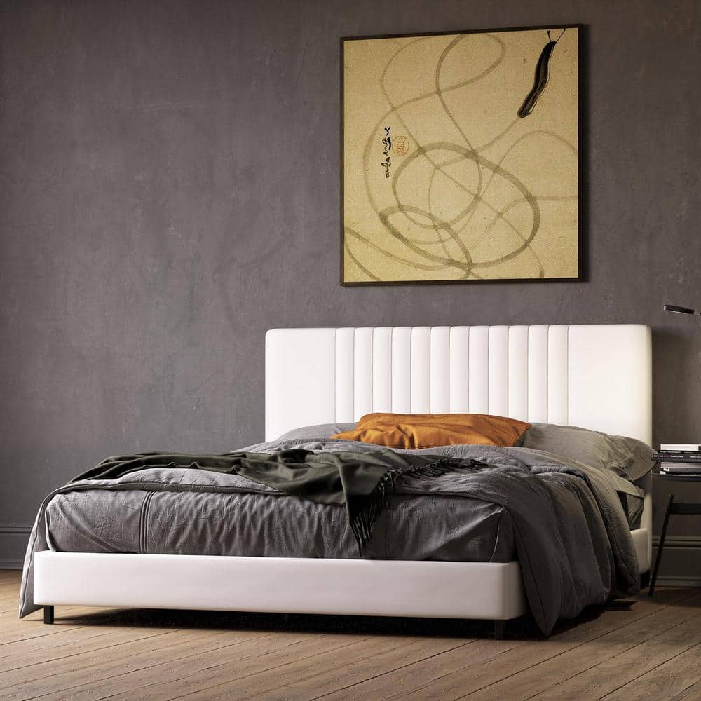 Twin White Faux Leather Upholstered Bed with Tufted Headboard