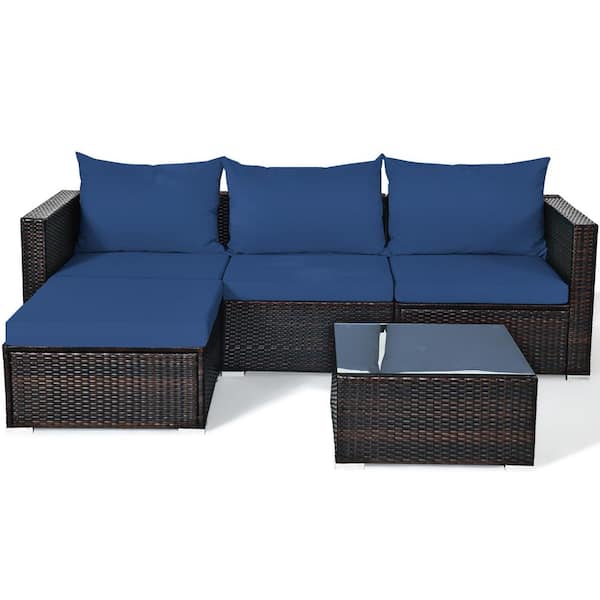 Gymax 5-Pieces Cushioned Rattan Patio Conversation Set with Ottoman Navy Cushion