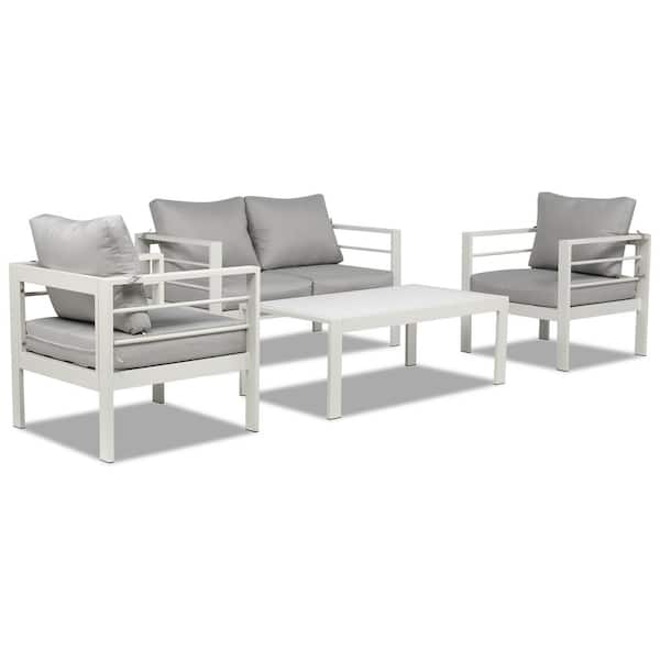 Karl home White 4-Piece Aluminum Patio Conversation Set with Light Gray Cushions