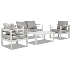 White 4-Piece Aluminum Patio Conversation Set with Light Gray Cushions