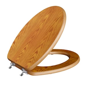 Decorative Wood Elongated Closed Front Toilet Seat with Cover and Chrome Hinge in Dark Brown Oak