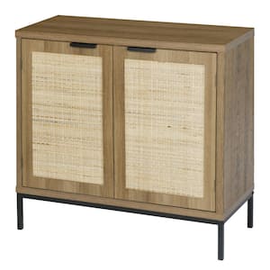 Rustic Oak Accent Storage Cabinet with 2 Rattan Doors Mid Century Natural Wood Sideboard Furniture