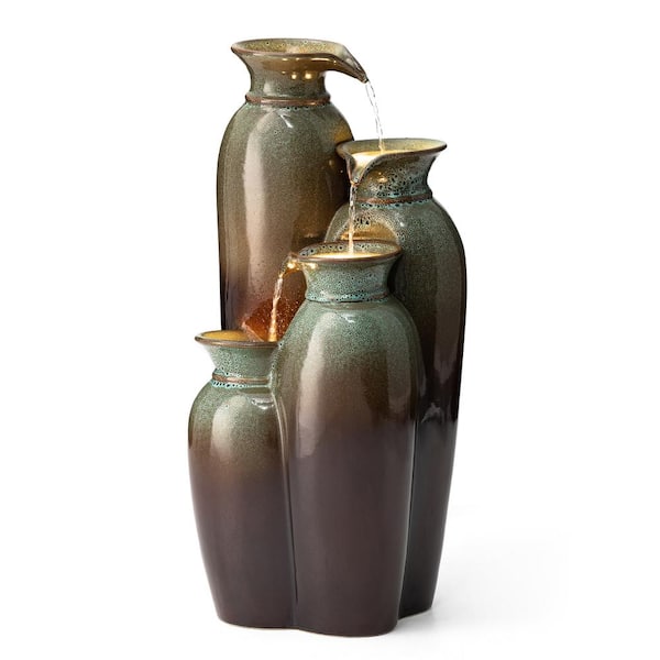 30.75in. H Outdoor 4-Tiered Olive Green, Brown Reactive Glaze Ceramic Vase Water Floor Fountain with Pump and LED Light